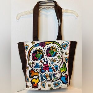 Disney Parks Bejeweled Brown Canvas Tote Bag Skull Love Hearts Colorful